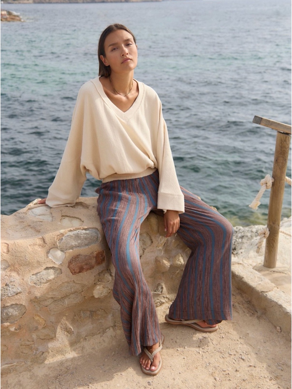 Free People Bel Striped Flare Pants – Mocha Combo Size Small NWT